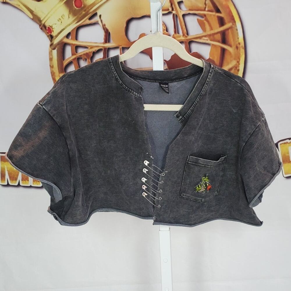 Shein Black Gray Safety Pin Crop Top Large